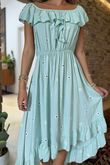 Made in Italy Forget Me Knots Bardot Shirring Dress Sky /10 =